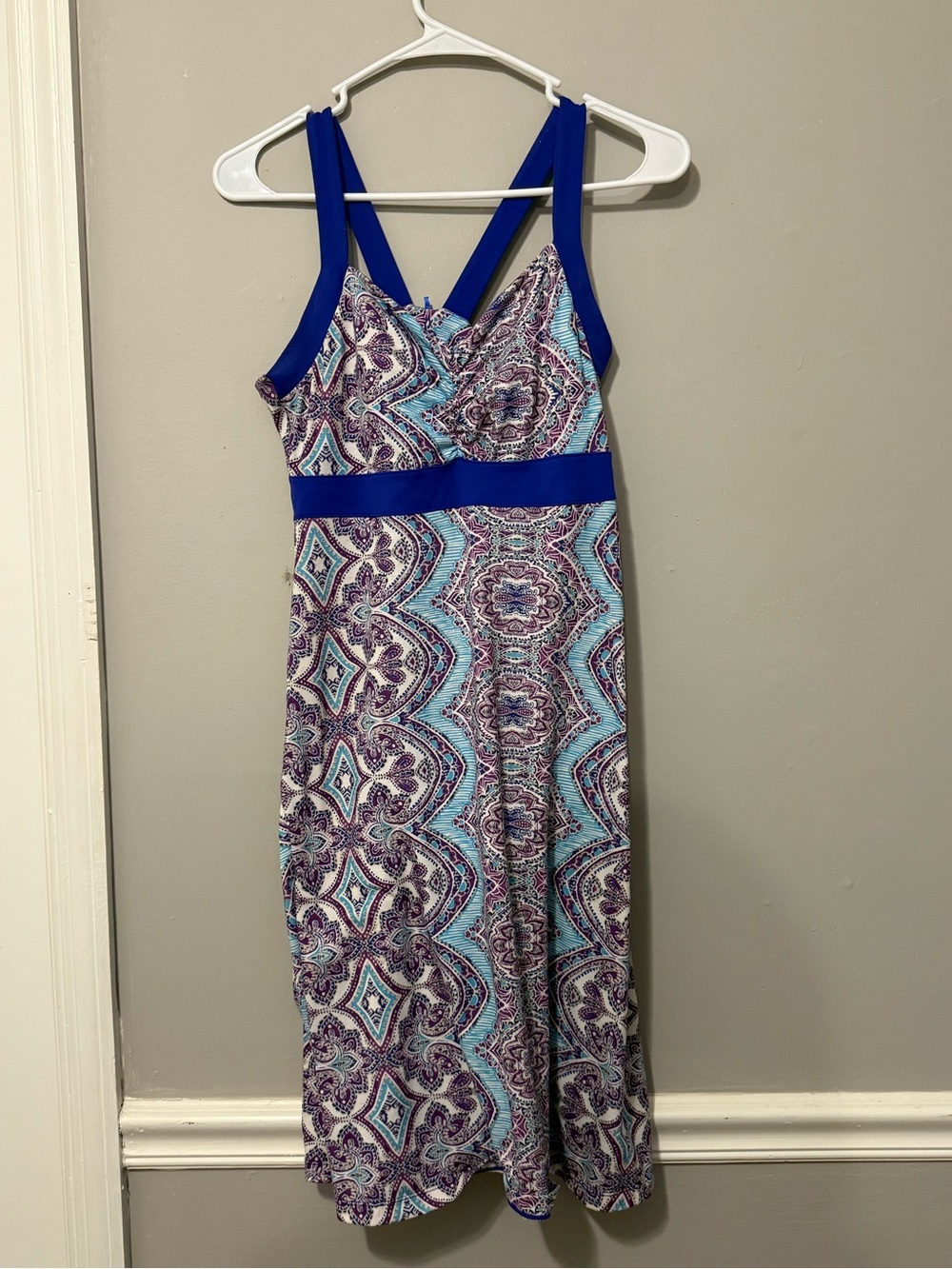 Prana Blue & Purple Printed Sundress with Contrast Waistband